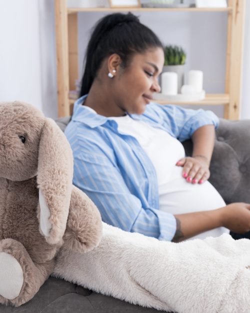 Cute toy bunny and blurred pregnant woman Cute toy bunny and blurred pregnant woman